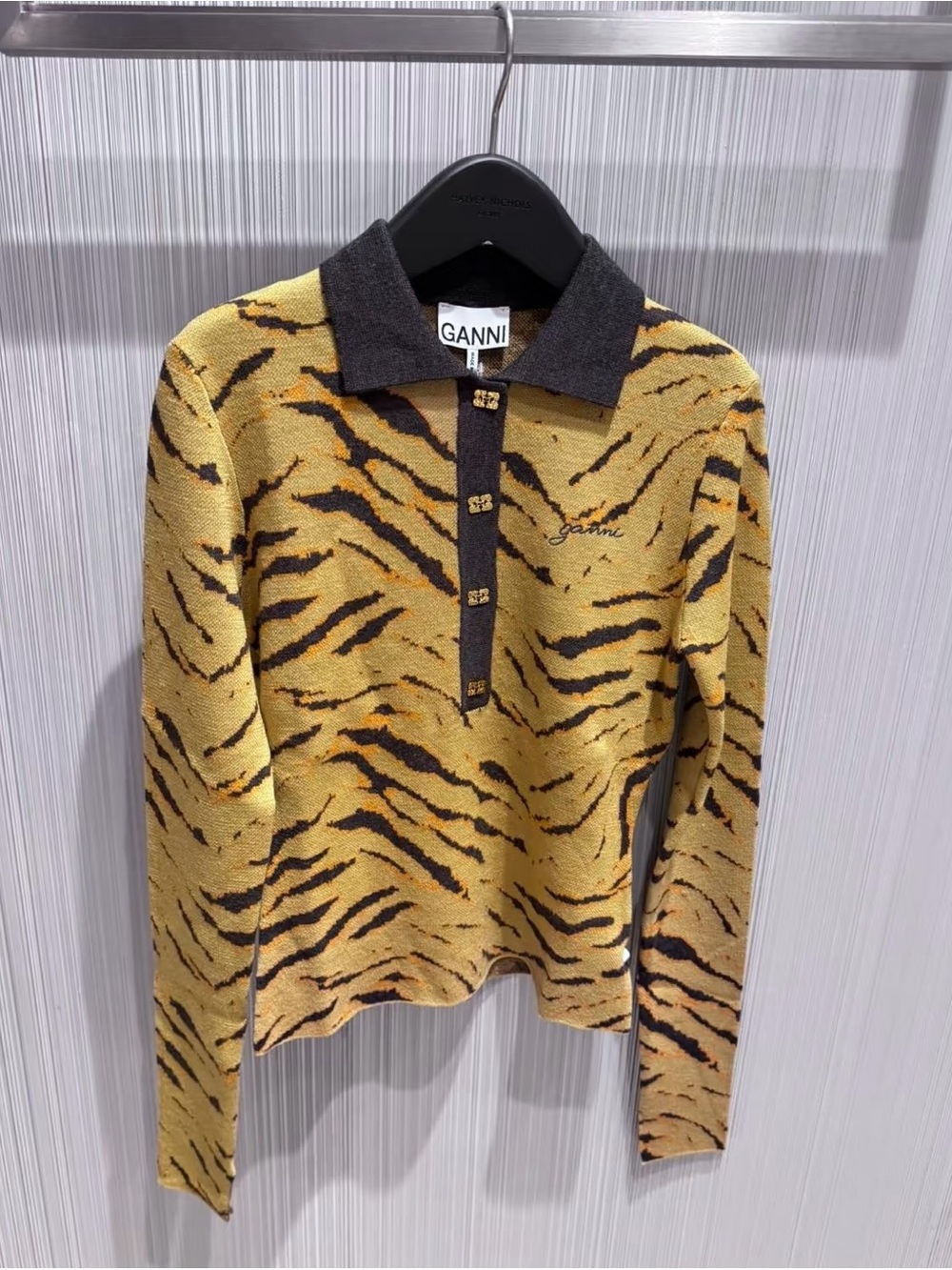 Ganni Mustard & Black Tiger-Print V-Neck Polo Sweater